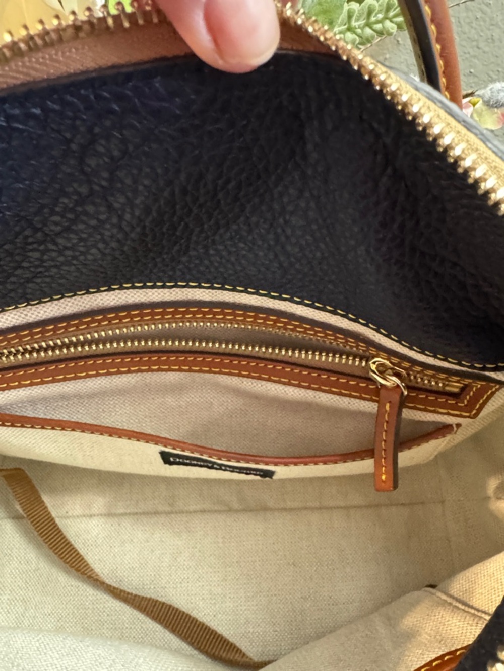 Dooney & Bourke Navy Pebbled Leather Crossbody Satchel with Brown Trim - Picture 5 of 10